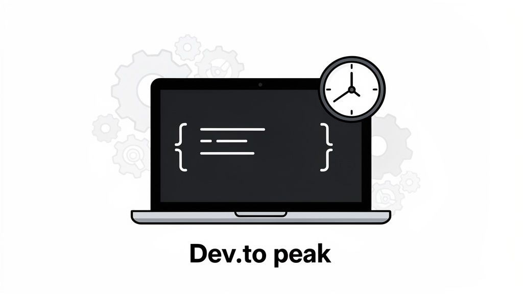 Illustration of a laptop displaying code, a clock, and gears, symbolizing software development and time management.