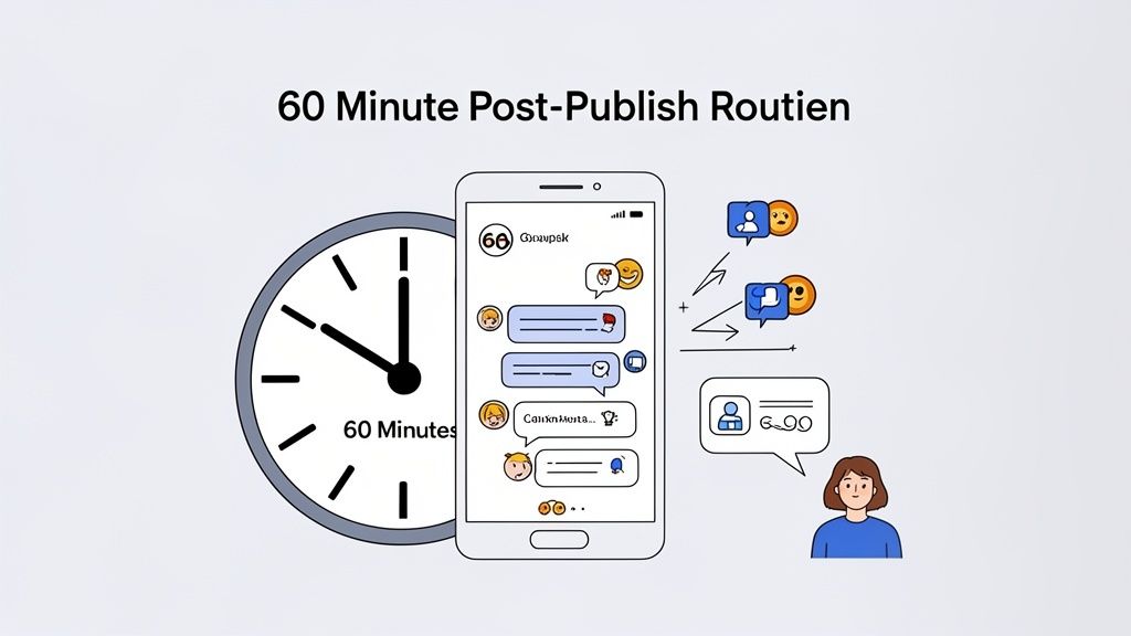 An illustration of a 60-minute post-publish routine involving social media engagement and messaging.