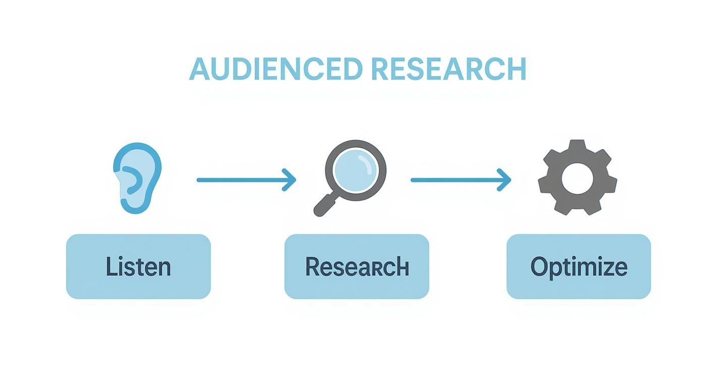 A flowchart illustrating the audienced research process with steps: Listen, Research, and Optimize.