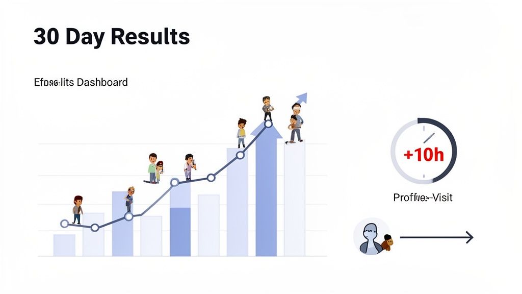 A dashboard displaying 30 day results with an upward trending line graph, cartoon figures, and productivity metrics.