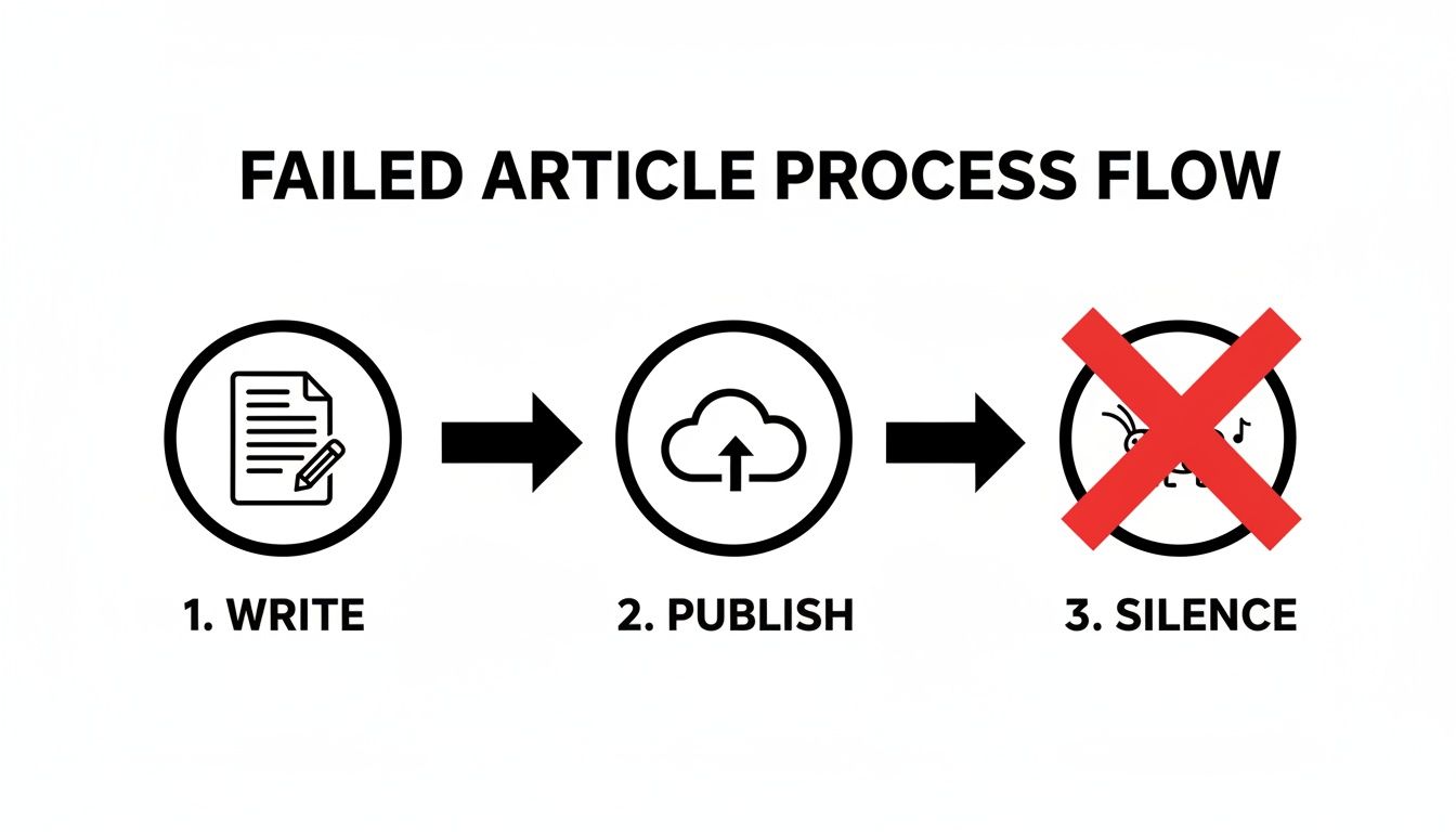 Flowchart showing a failed article process: Write, Publish, then Silence (no engagement).