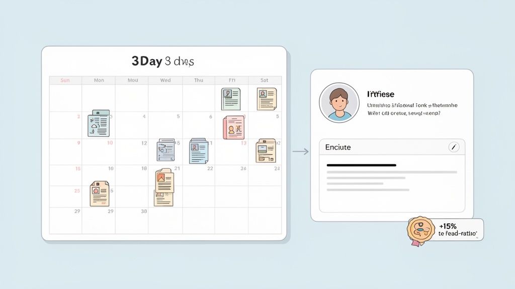 A calendar displaying scheduled content or tasks on various days, next to a user profile and an achievement badge.