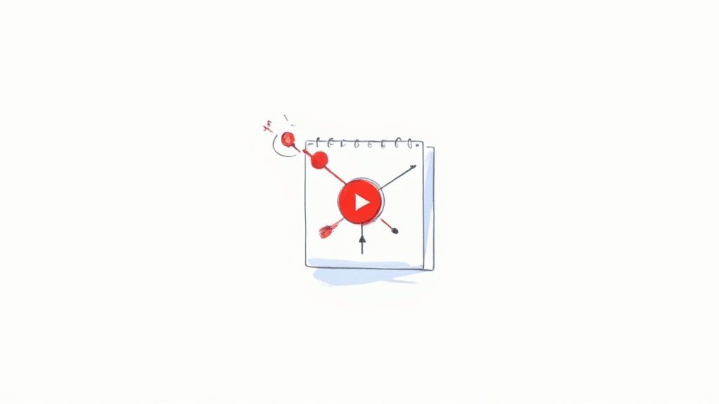 Hand-drawn sketch on a notebook with a YouTube play button and connecting lines, illustrating social media strategy.