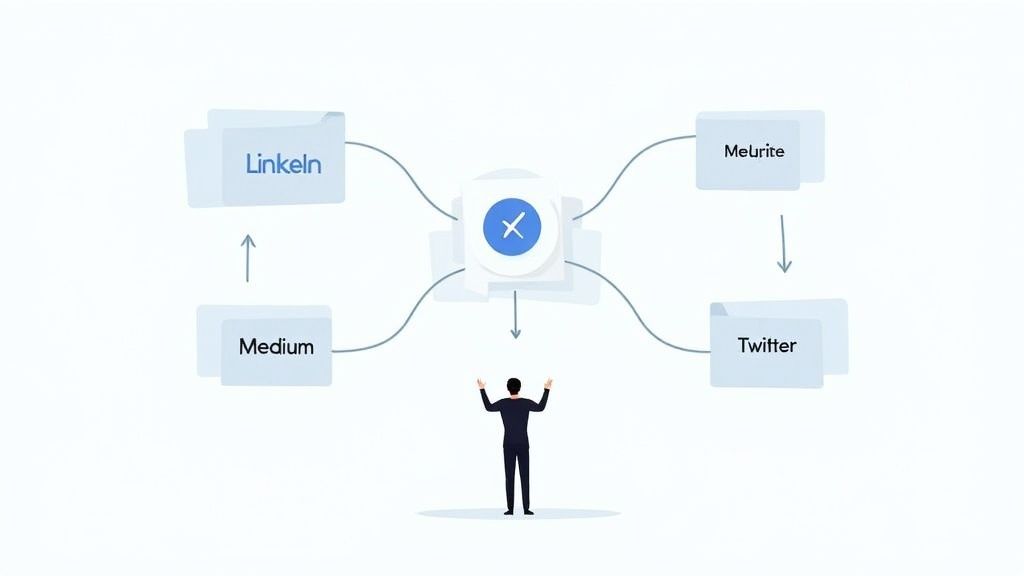 A diagram illustrating a central platform distributing content to LinkedIn, Medium, Melurite, and Twitter, with a person viewing.