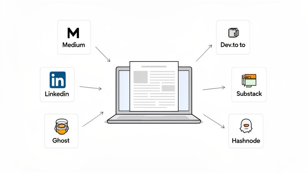Illustration of a laptop showing a document, with arrows pointing to icons of content publishing platforms.