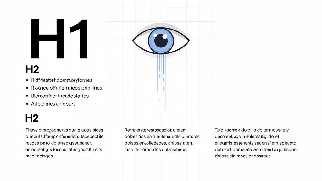 Digital graphic showing H1 and H2 headings, a bulleted list, an eye illustration, and text columns.