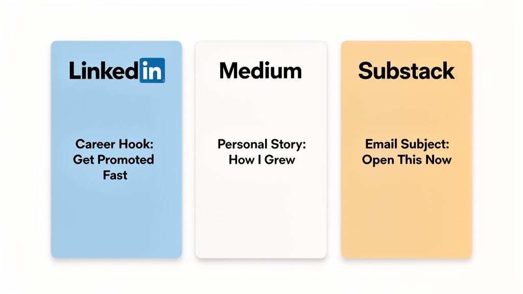 Three cards display content hooks for LinkedIn, Medium, and Substack, offering different types of headlines.