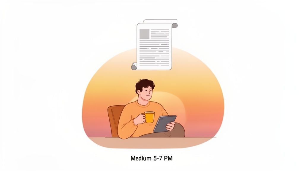 Animated man reading on a tablet, drinking from a mug, with documents and a sunset glow.