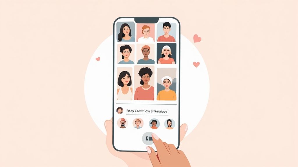 A hand holds a smartphone displaying a social networking app with a grid of diverse profile pictures and hearts.