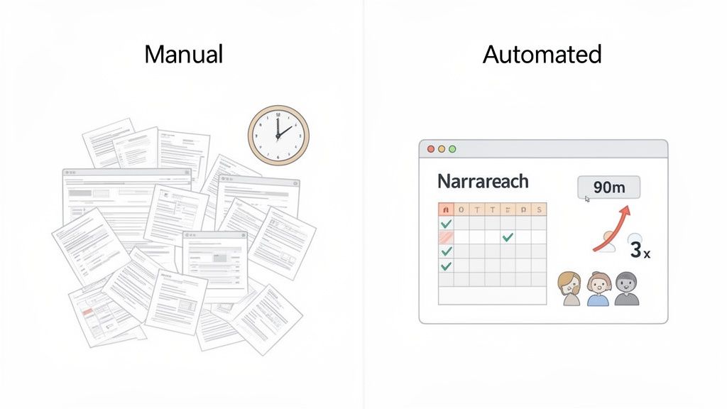 Illustration showing the contrast between slow manual processes and fast automated digital solutions.