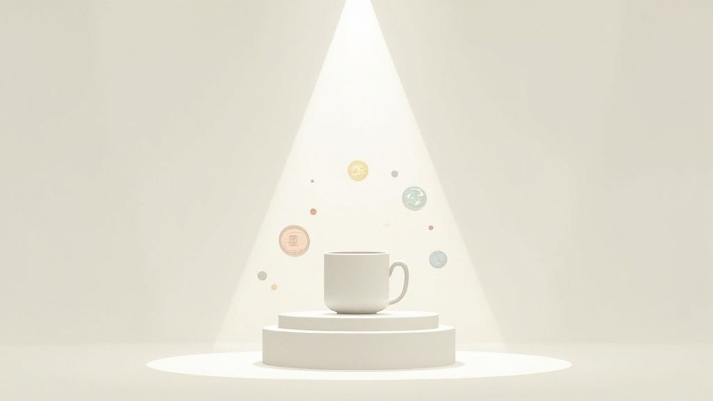 White mug on a pedestal under a spotlight, with colorful floating digital content icons.