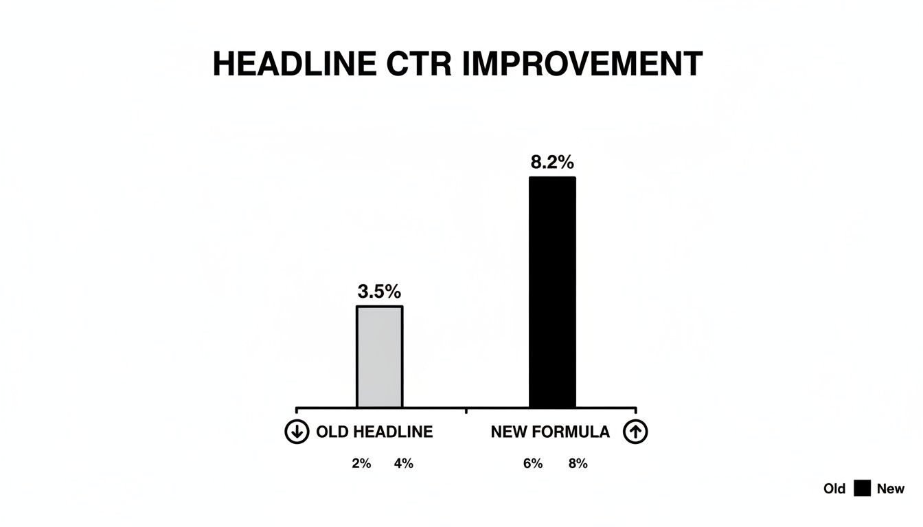 Bar chart shows headline CTR improvement, with old headline at 3.5% and new formula at 8.2%.