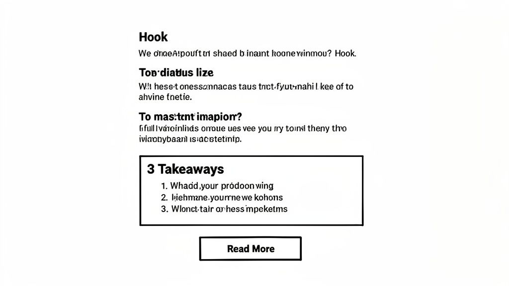 A document layout showing a 'Hook', text sections, '3 Takeaways' list, and a 'Read More' button.