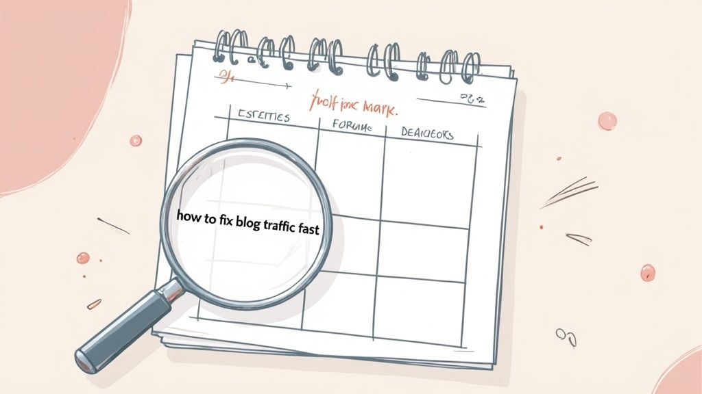 A cartoon illustration of a calendar showing categories and a magnifying glass highlighting 'how to fix blog traffic fast'.