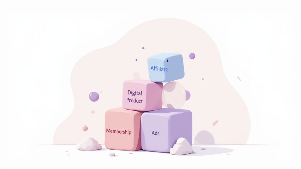 A stack of colorful cubes labeled Affiliate, Digital Product, Membership, and Ads, representing blog monetization strategies.