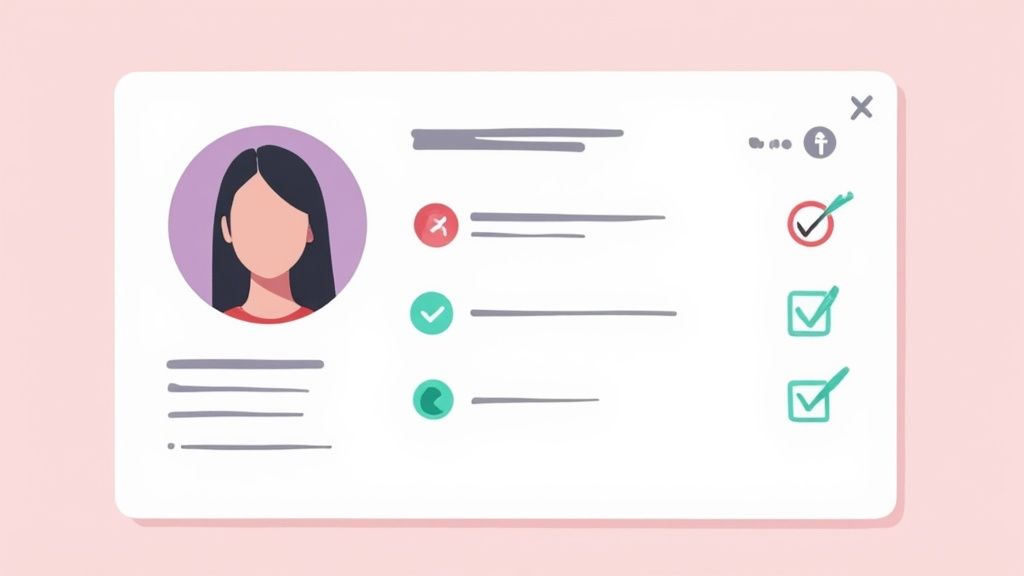 Illustration of a user profile card with a female avatar and a checklist of items.