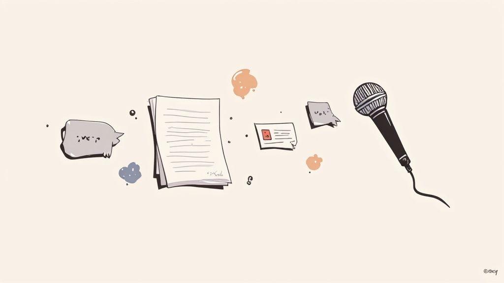 An illustration showcasing public speaking essentials: a microphone, a stack of written papers, a speech bubble, and notes.