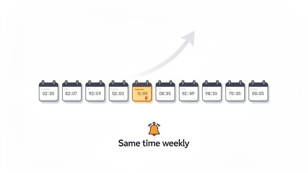 A row of calendar icons, with one highlighted orange, indicating a weekly recurring event.