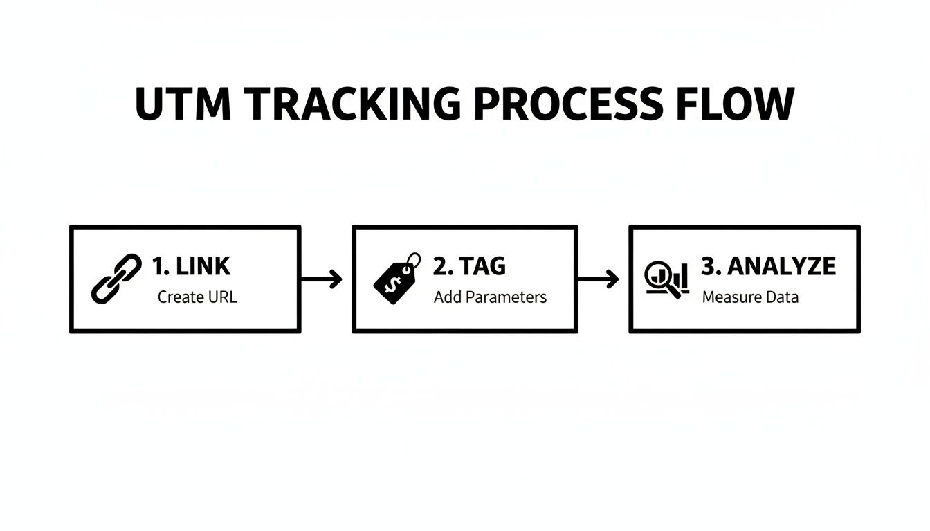 UTM tracking process flow outlining three steps: link creation, parameter tagging, and data analysis.