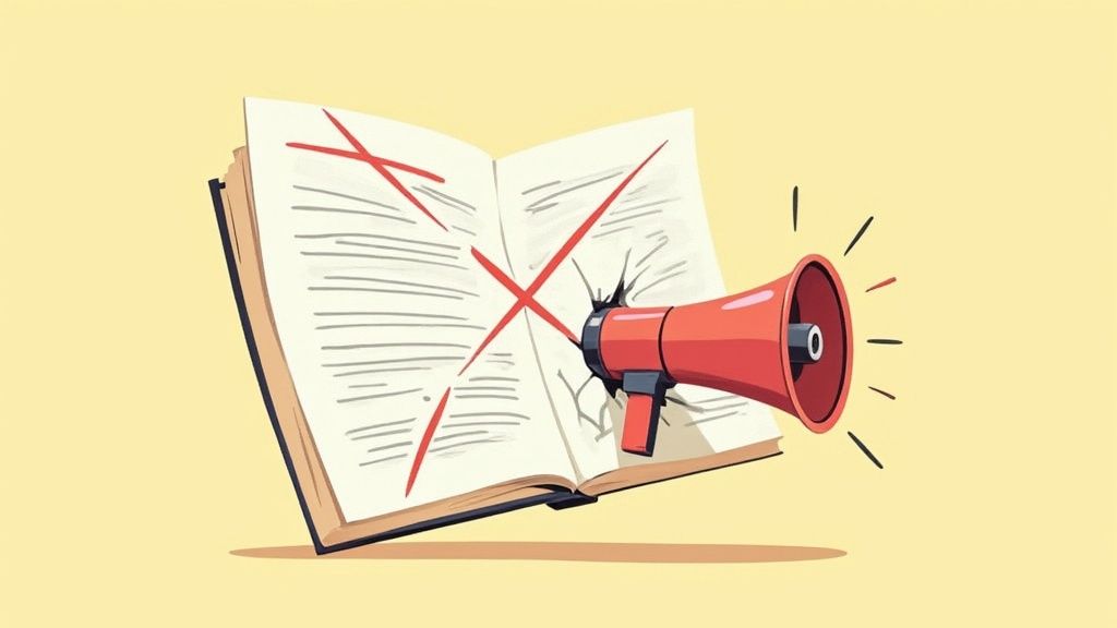 Megaphone emerging from open book with red crossed-out text symbolizing announcement and communication