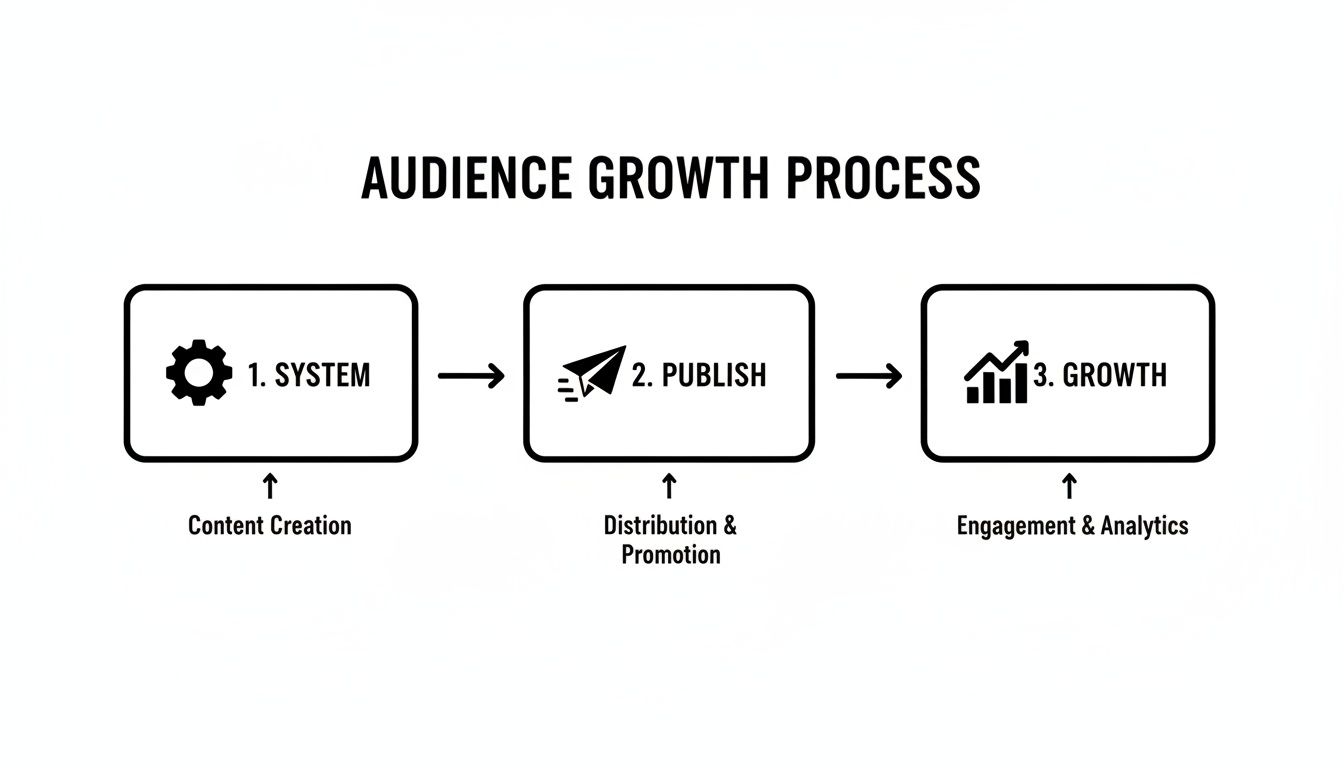 Infographic detailing the 3-step audience growth process: system, publish, and growth with descriptions.
