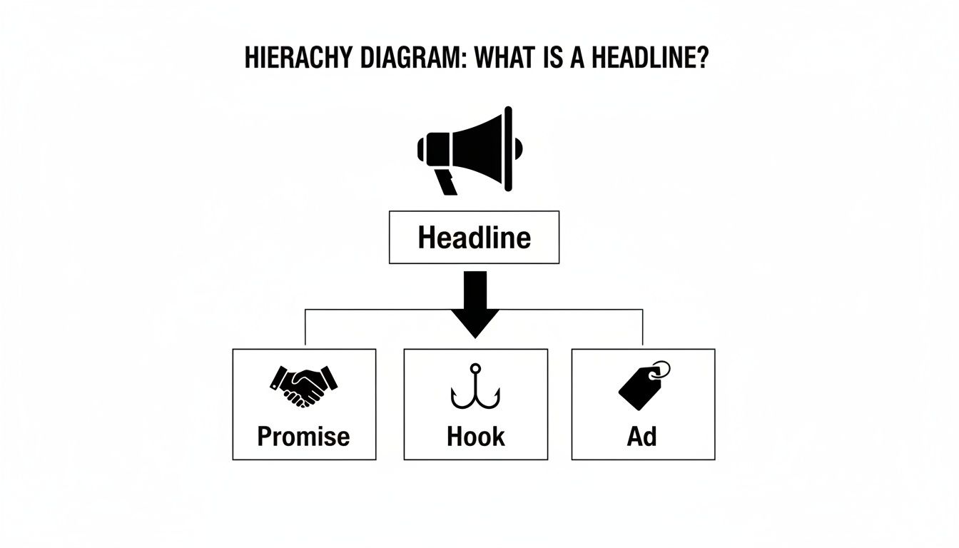 A hierarchy diagram illustrating that a headline consists of a Promise, a Hook, and an Ad.