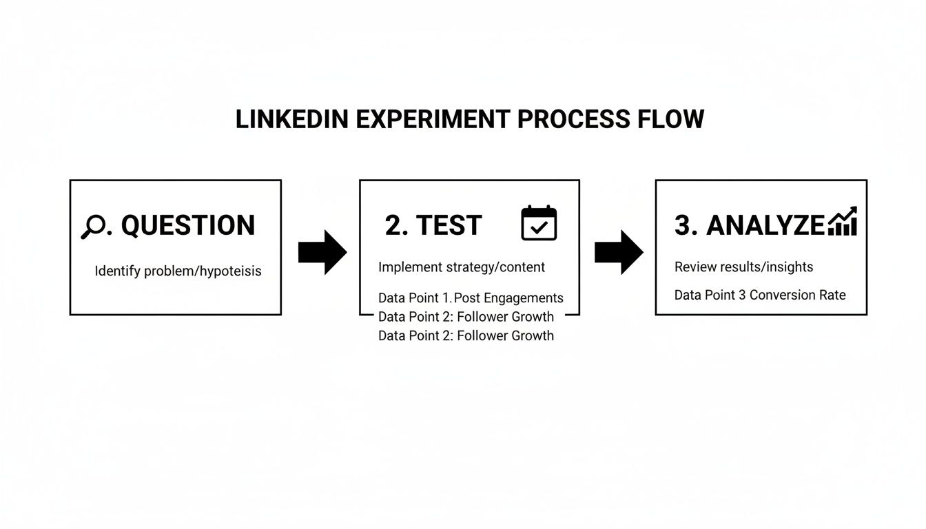 A LinkedIn experiment process flow diagram showing three steps: Question, Test, and Analyze with data points.