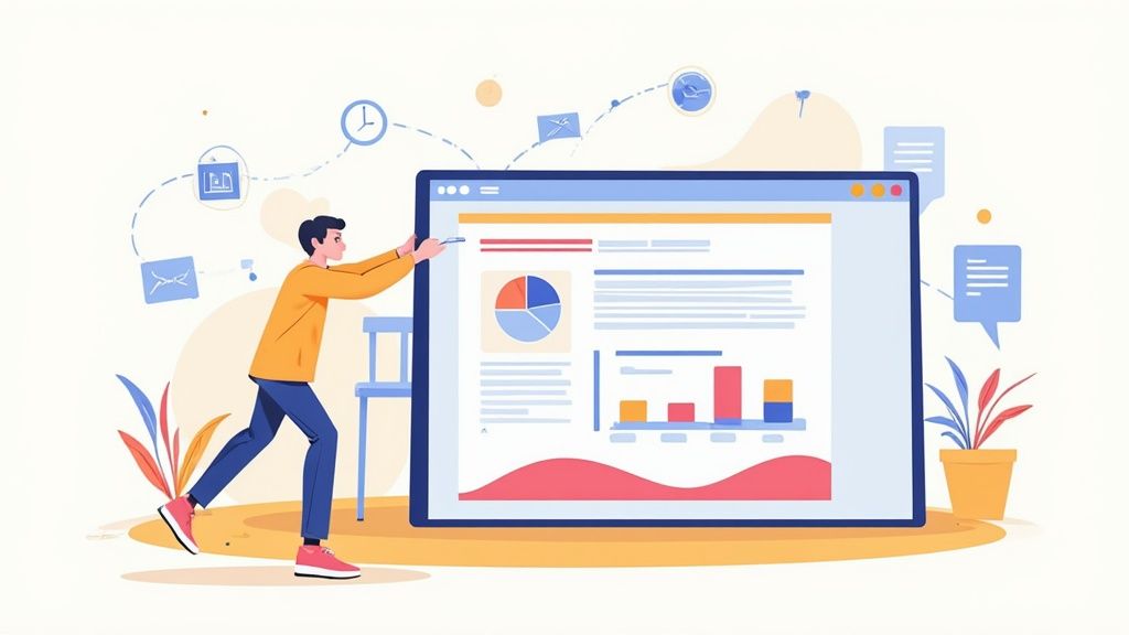 A man interacting with a large screen displaying business data visualizations and digital workflow icons.