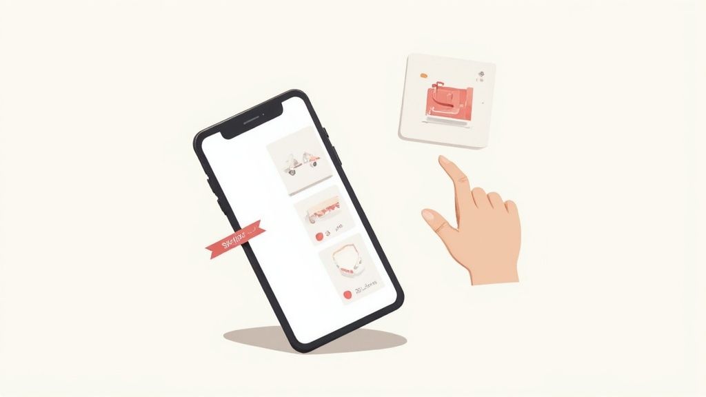 Illustration of a hand pointing at a red bag card, next to a smartphone displaying various digital content.
