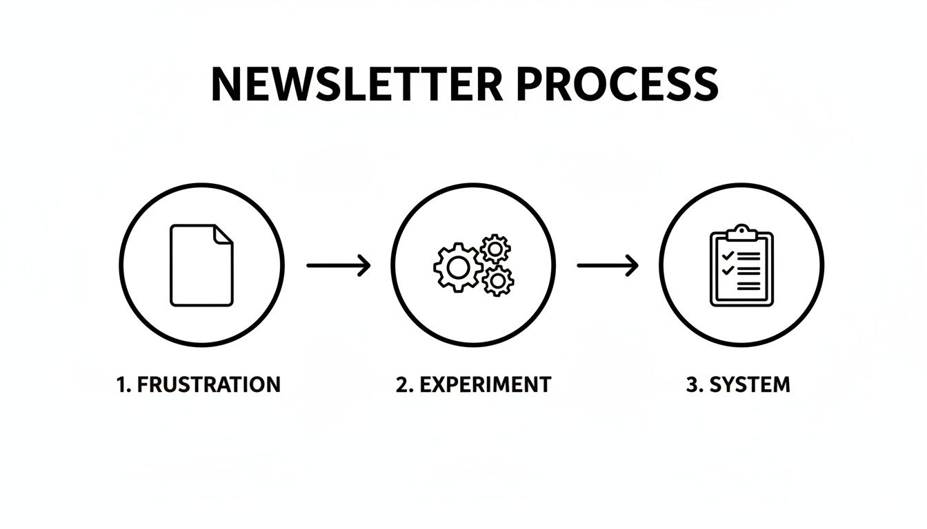 Flowchart illustrating the newsletter process steps: frustration, experiment, and system, with corresponding icons.