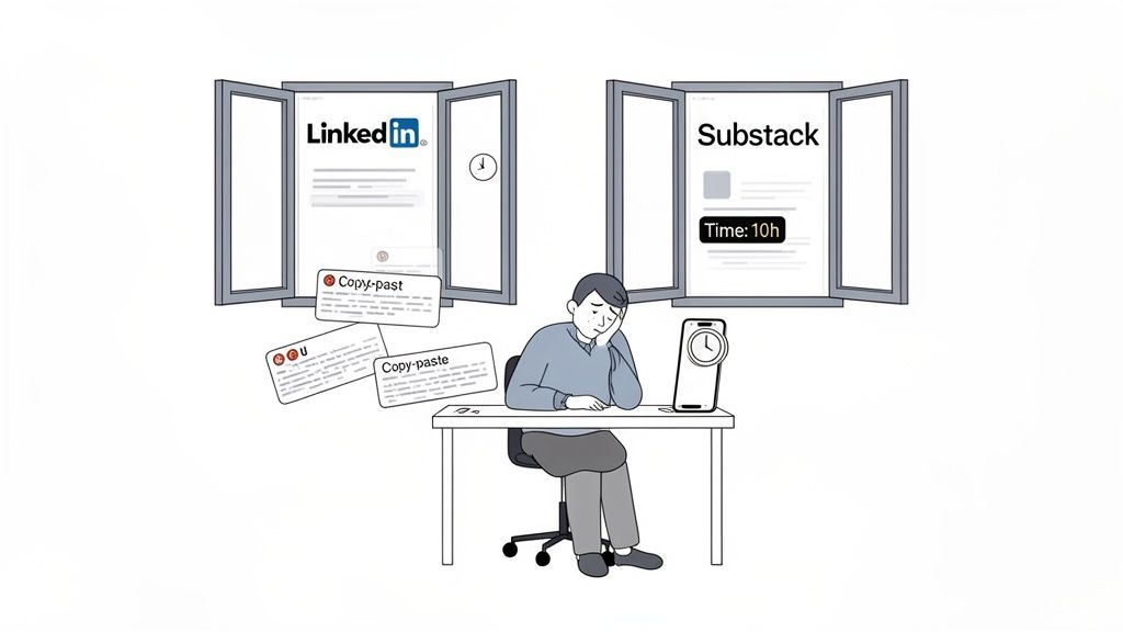 An exhausted person manages social media content across LinkedIn and Substack, indicating significant time investment.