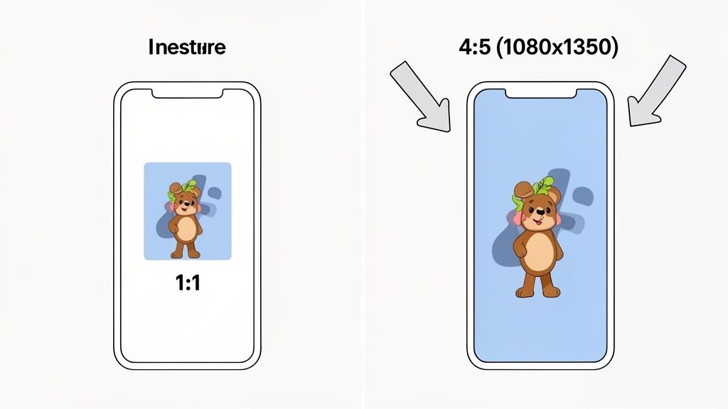 Comparison of image aspect ratios on a phone: 1:1 square versus 4:5 vertical display.