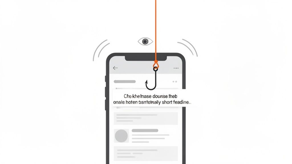 A fishing hook hangs over a smartphone displaying a notification, symbolizing how a good hook captures attention online.