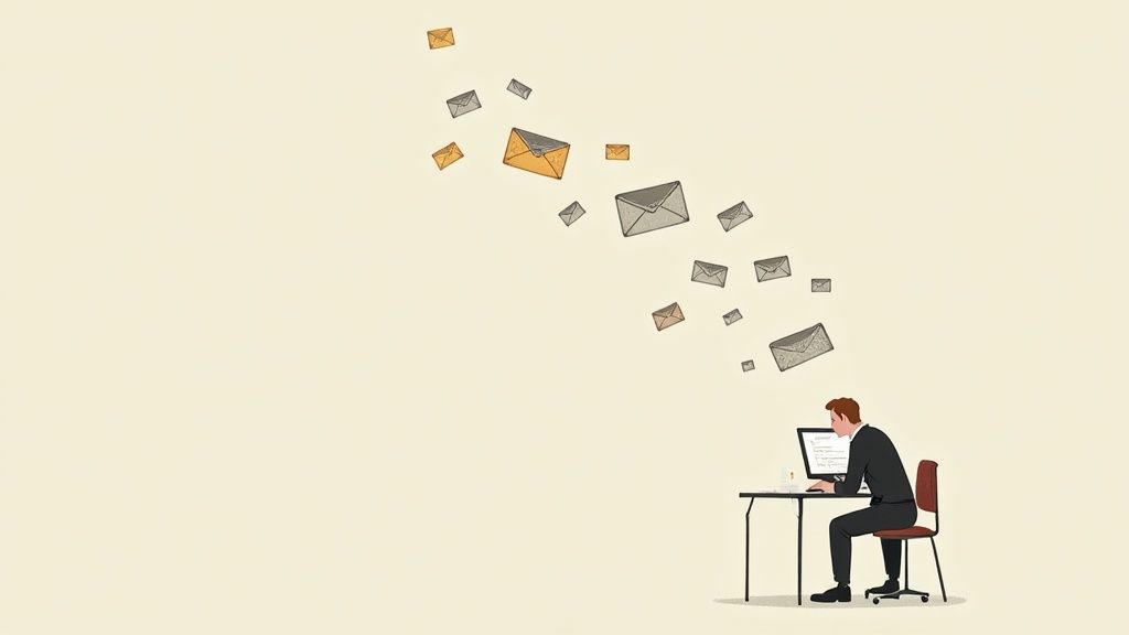 An illustration of a man at a computer desk, with numerous emails flying from his screen.