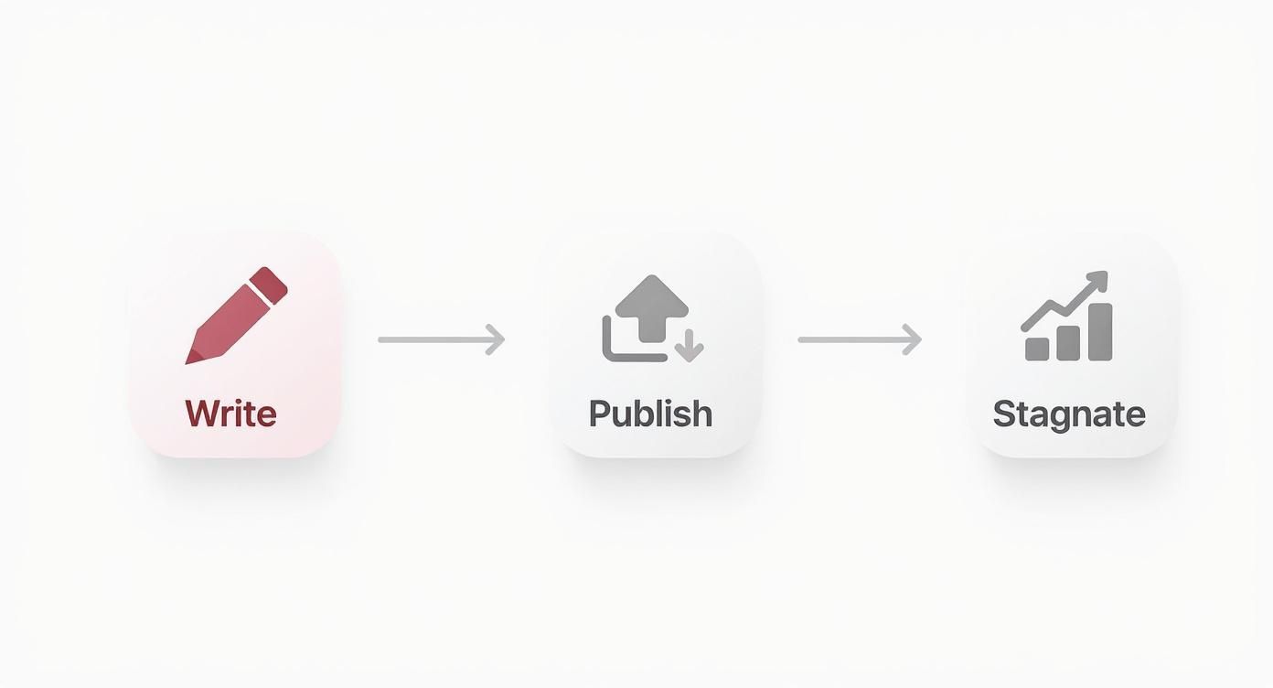 A diagram illustrates a three-step content process: Write, Publish, and Stagnate with icons.