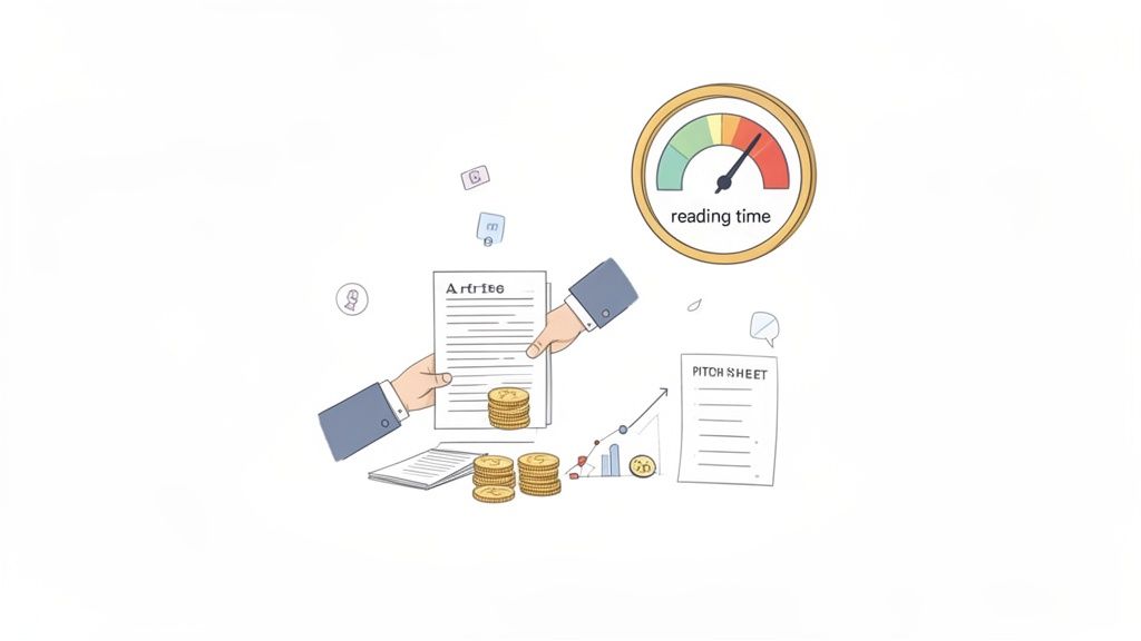 Hands exchanging an article and money, alongside a reading time meter, growth graph, and pitch sheet.