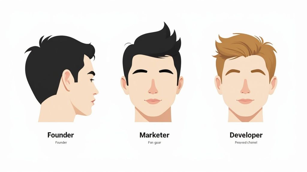 Three illustrated team member avatars showing founder, marketer, and developer roles in profile and front view
