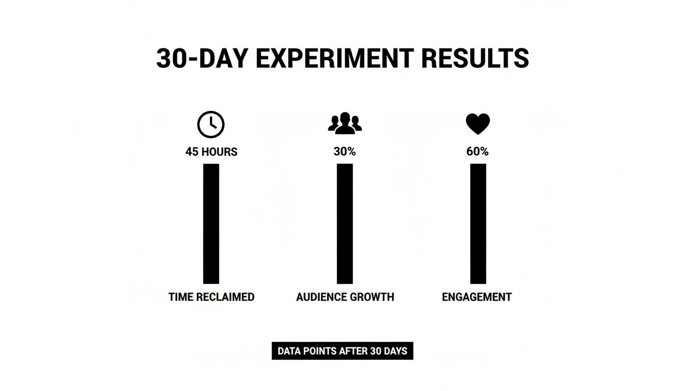 Infographic showing 30-day experiment results: 45 hours time reclaimed, 30% audience growth, 60% engagement.