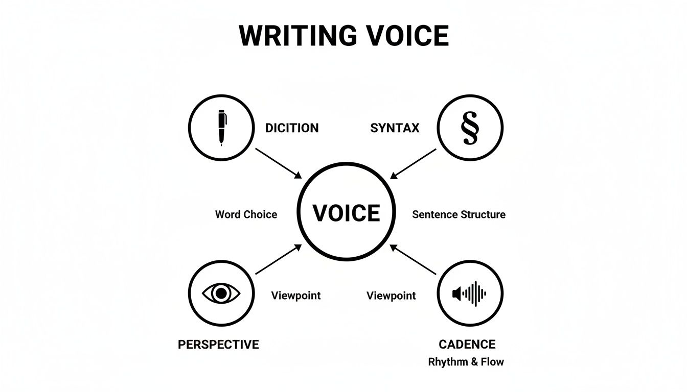 Diagram illustrating the four key components of writing voice: diction, syntax, perspective, and cadence.