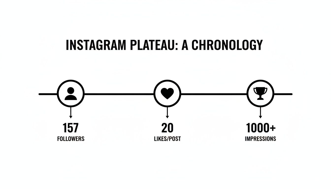 An Instagram progress timeline showing milestones: 157 followers, 20 likes per post, and over 1000 impressions.