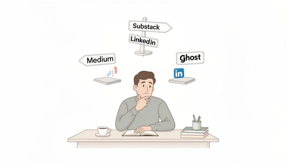 A man contemplates which writing platform to choose: Substack, LinkedIn, Medium, or Ghost.
