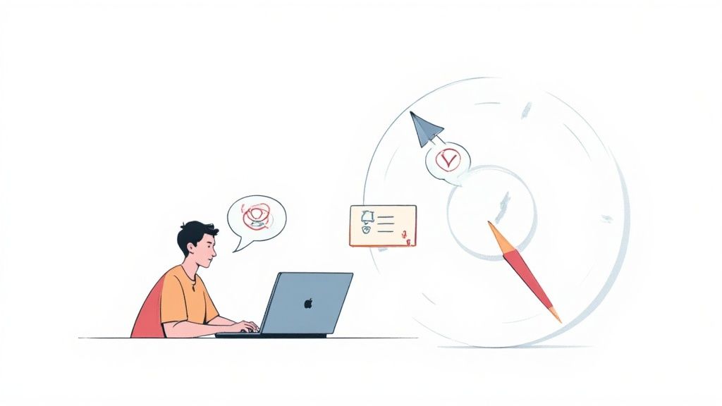 An illustration of a person using a laptop, with a thought bubble and a large dial indicating progress or efficiency.