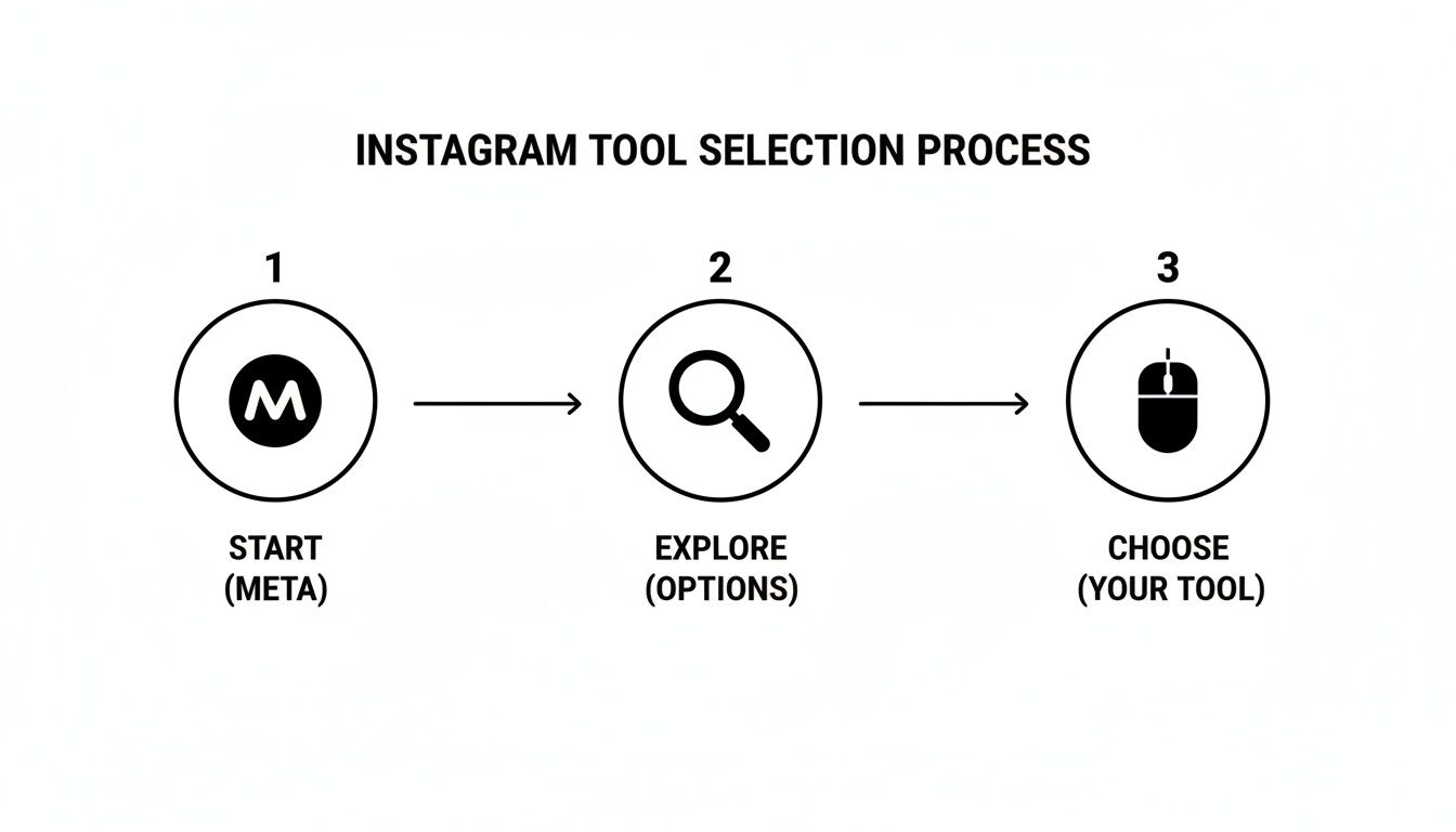 A three-step diagram showing the Instagram tool selection process: Start (Meta), Explore (Options), Choose (Your Tool).