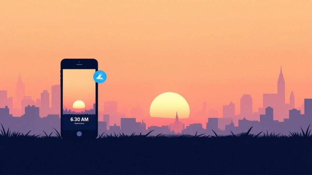 Minimalist illustration of a serene sunrise over a city skyline with a smartphone displaying 6:30 AM.