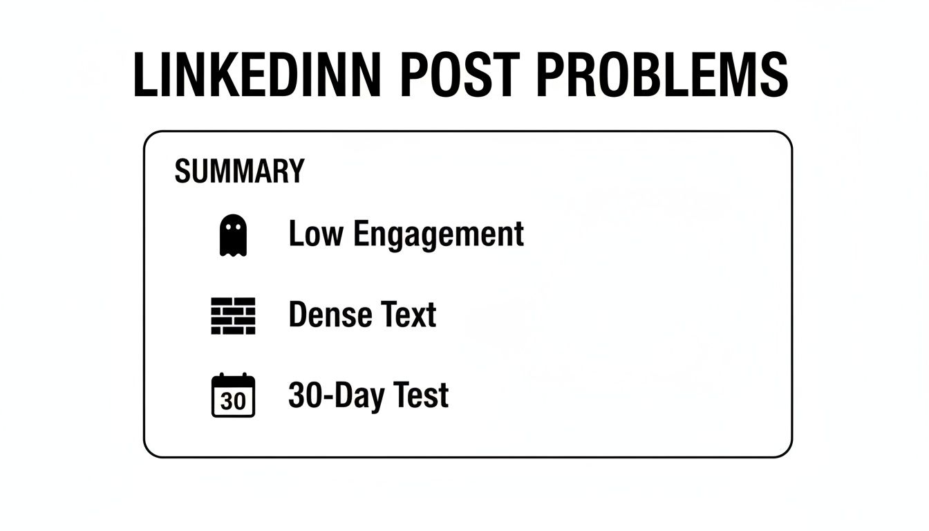 A graphic titled 'LinkedIn Post Problems' summarizing issues like low engagement, dense text, and a 30-day test.