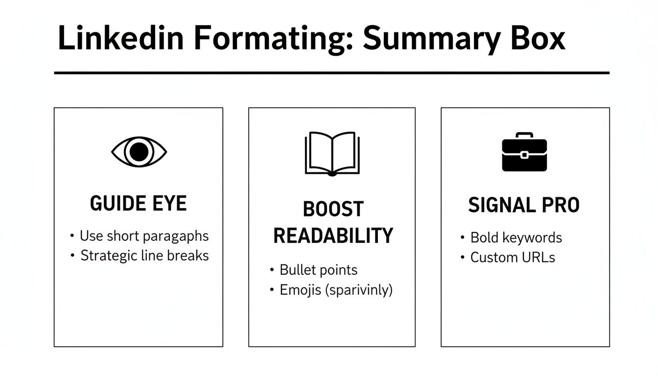 Infographic detailing LinkedIn summary box formatting tips for guide eye, readability, and signal pro.