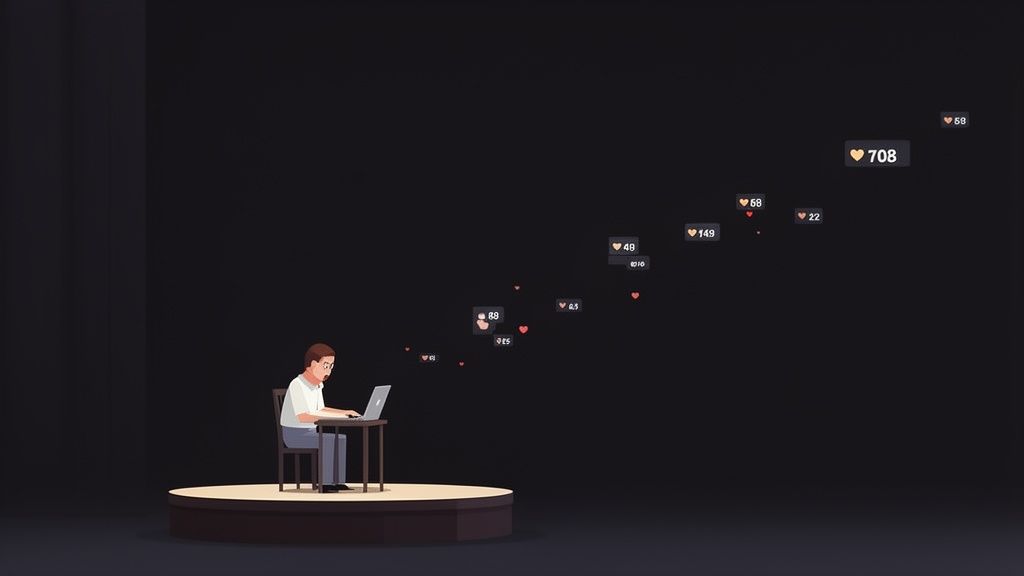 A person on a stage uses a laptop, generating a stream of social media likes and comments.