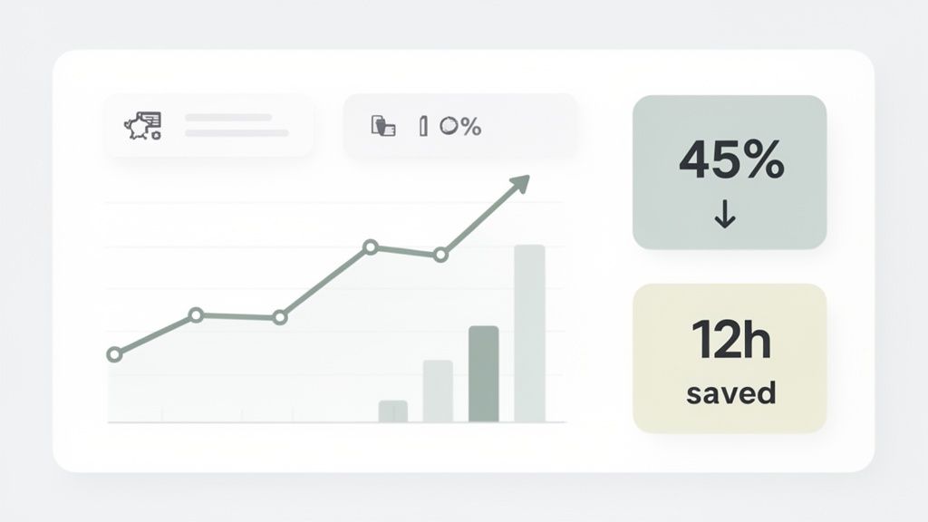 A clean dashboard displaying a line graph with an upward trend, bar chart, 45% decrease, and 12 hours saved.