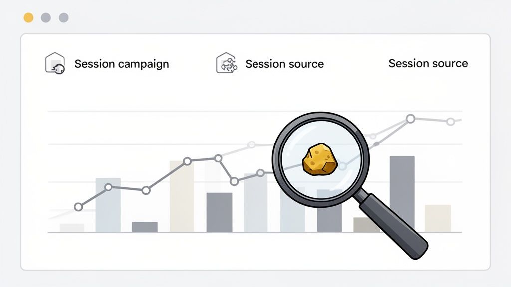 A web analytics graph with session campaign and source data, a magnifying glass finds a gold nugget.