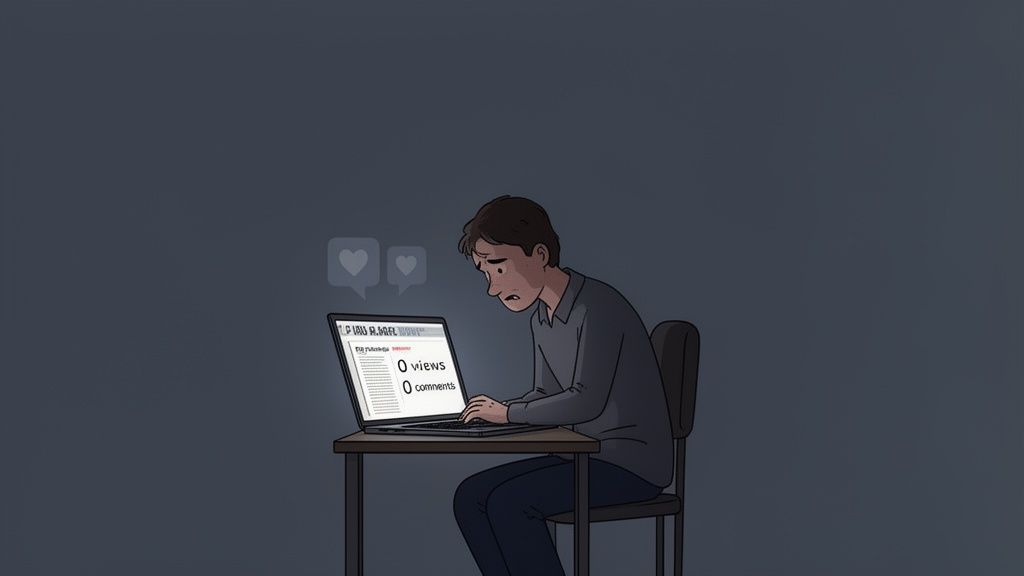 A sad young man looks at his laptop displaying zero views and comments.